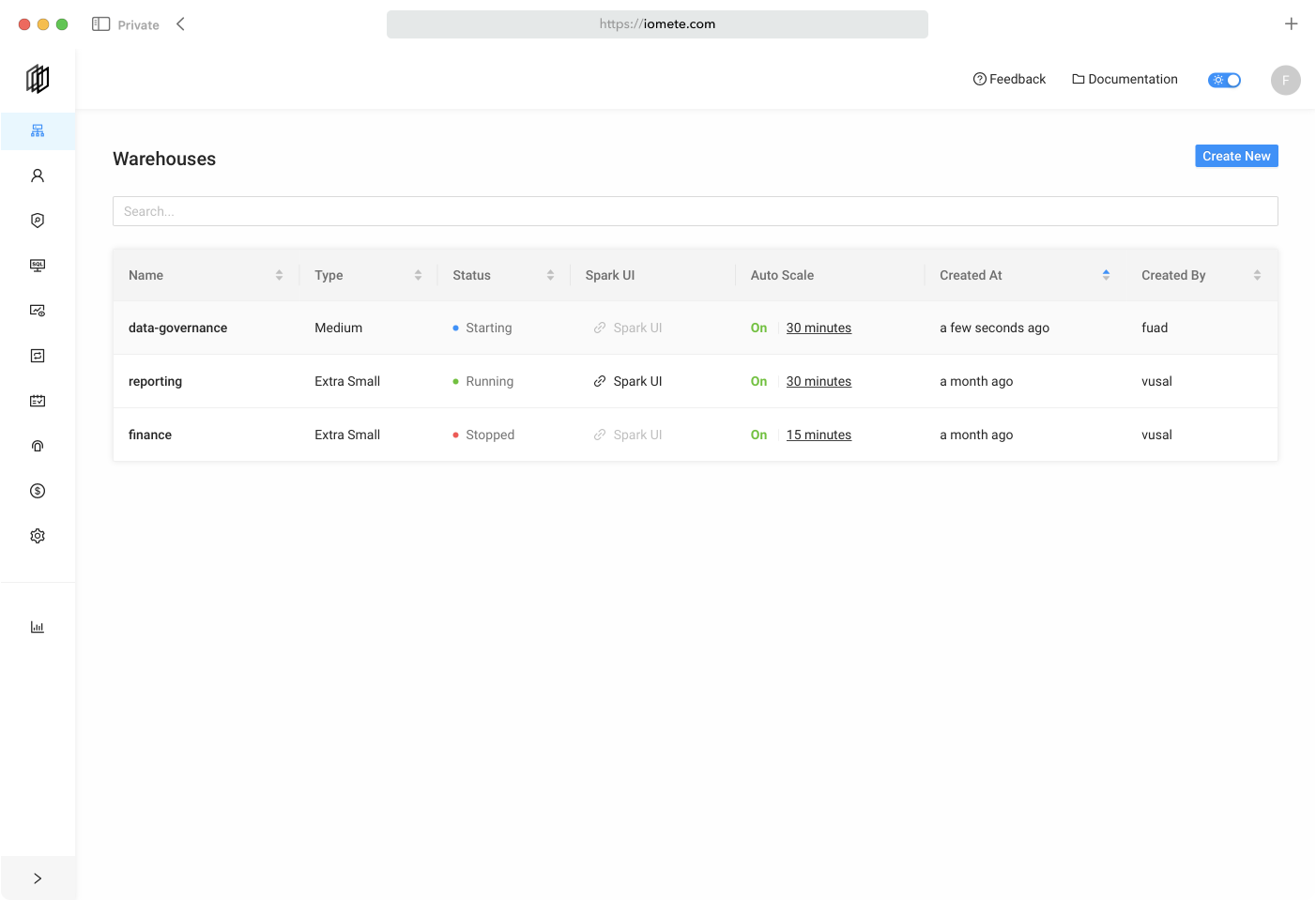 iomete screenshot: iomete warehouses section