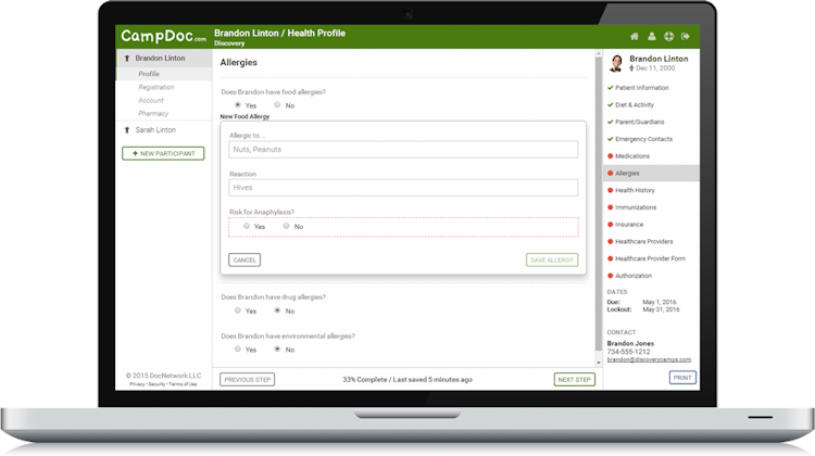 CampDoc screenshot: Camper allergies can be tracked with CampDoc electronic health forms