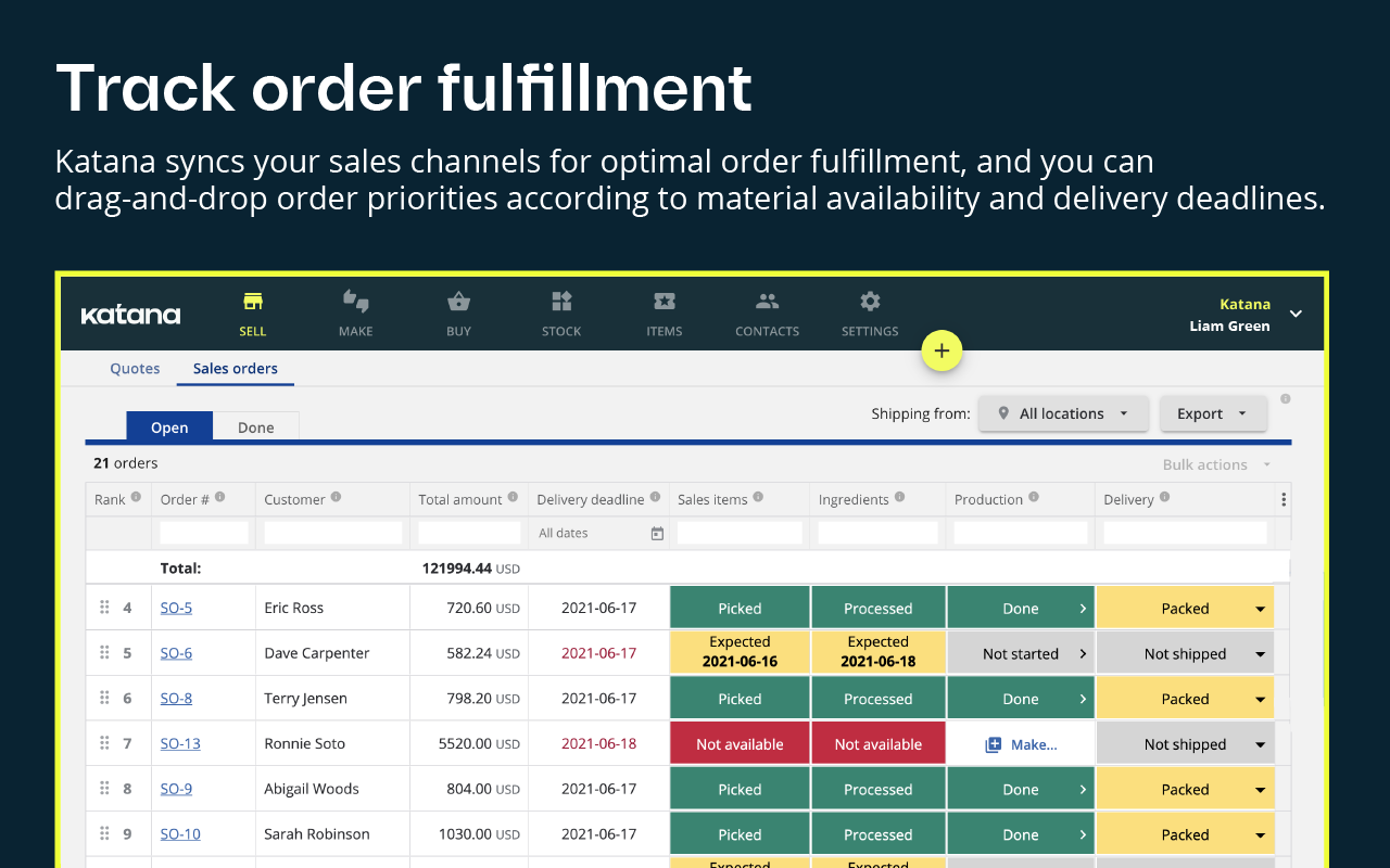 Katana Cloud Manufacturing Software - Track order fulfillment and material availability