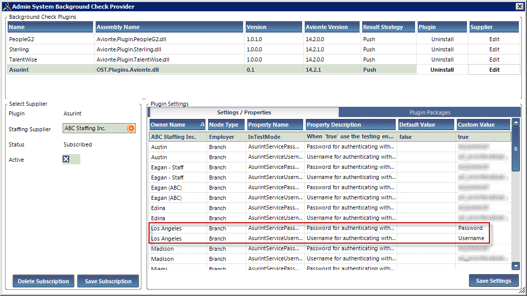 Asurint screenshot: Manage settings for background checks and plugin packages