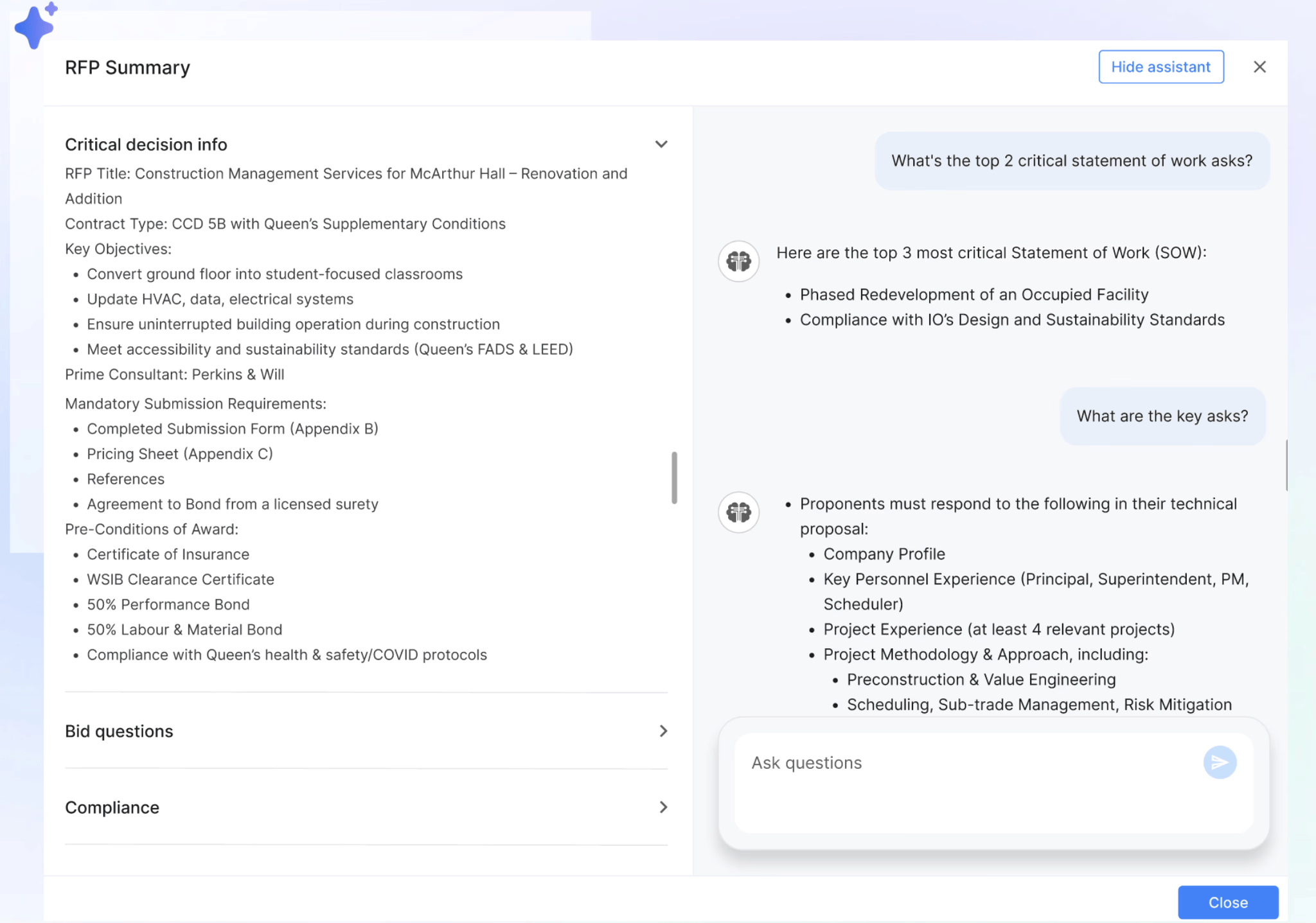 Thalamus AI screenshot: Thalamus AI RFP shredding