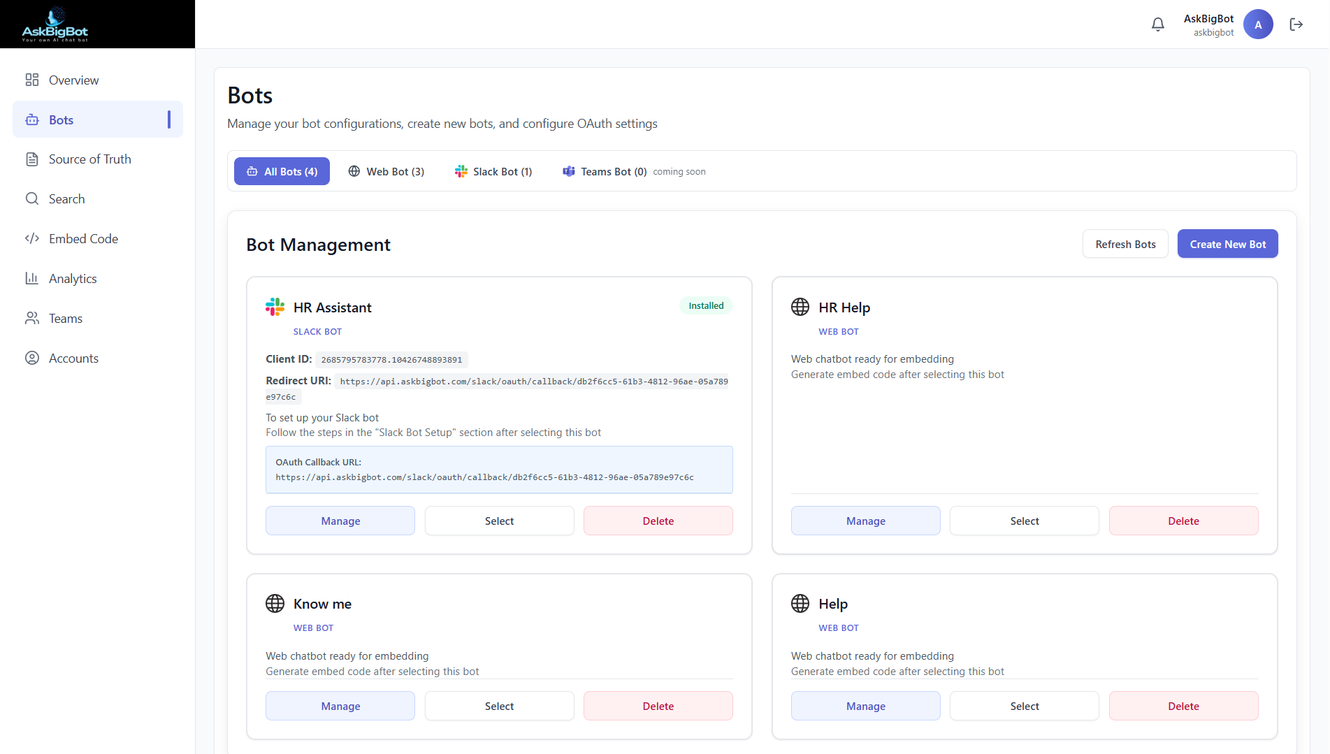 AskBigBot screenshot: AskBigBot Bot Management