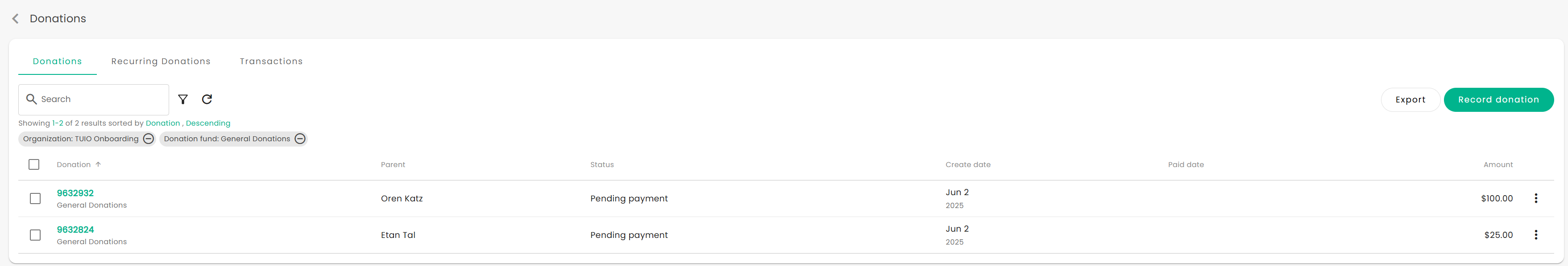 TUIO Fundraising screenshot: TUIO Fundraising track donations by fund and donor. View statuses, amounts, and dates. Filter results, export records, or manually log new donations from a central dashboard.

