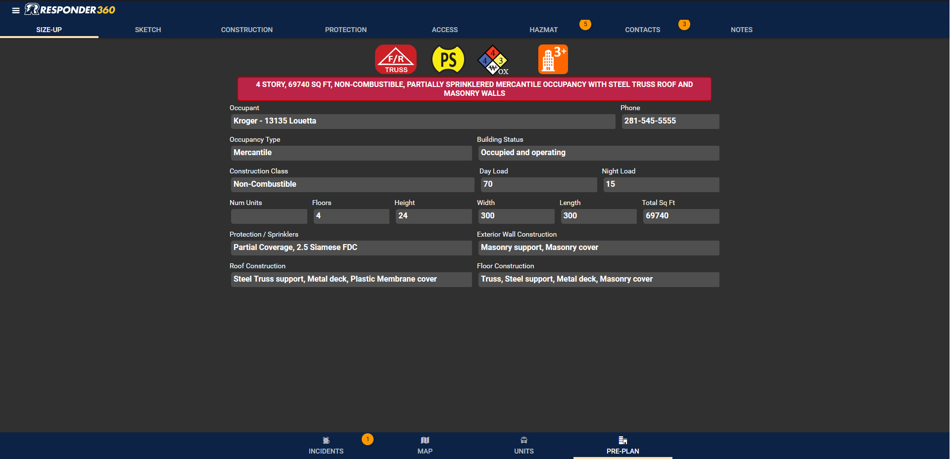 Responder360 Software - Occupancy Details - Size-Up Screen