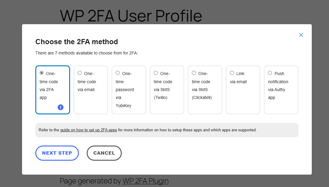 WP 2FA Software - WP 2FA methods