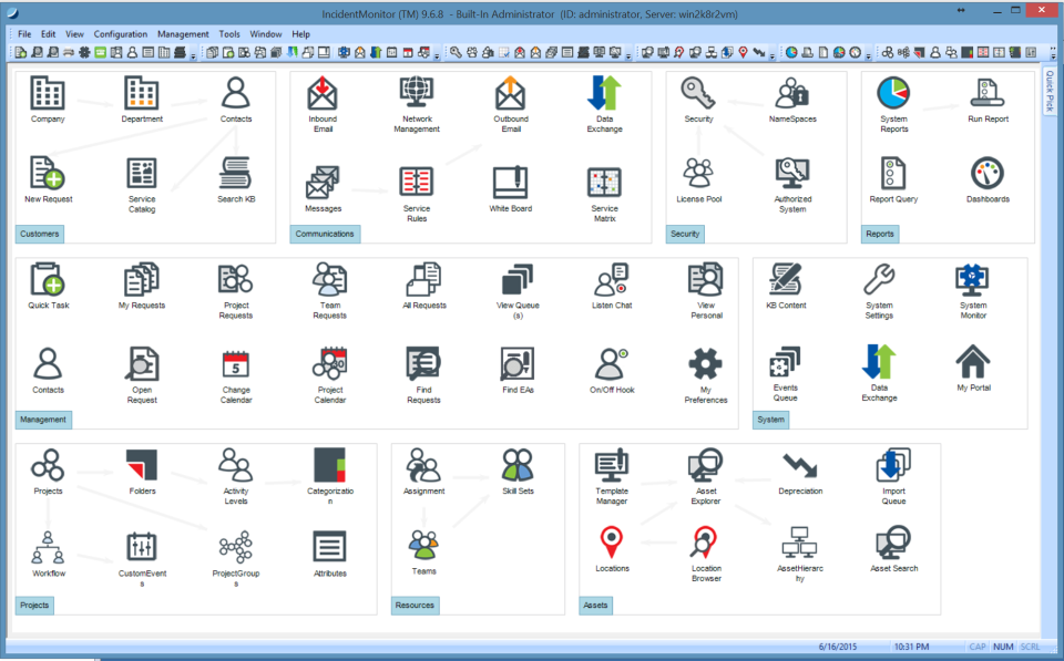 Main menu screeen showing selected modules and features