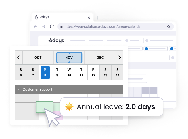 edays Software - Improve the visibility of your operations with the group calendar. Storing all your teams absence and leave data in one easily accessible place, the group calendar can have personalised views to enable transparency, while protecting employee privacy