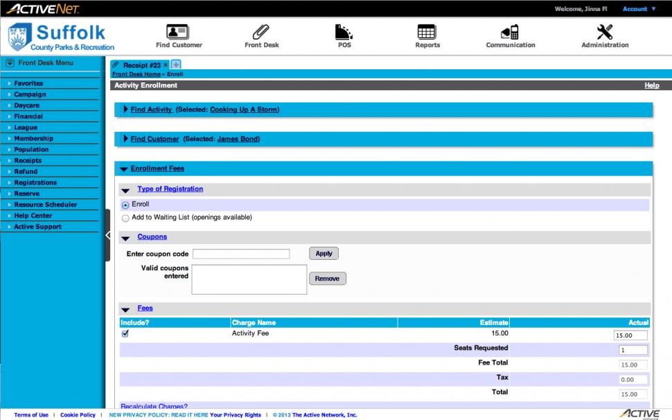 Online activity registration dashboard