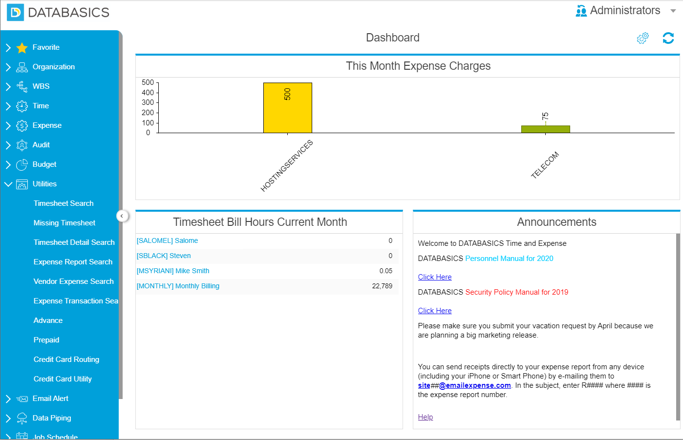 DATABASICS Expense Software - Admin view--Backend view of DATABASICS Expense