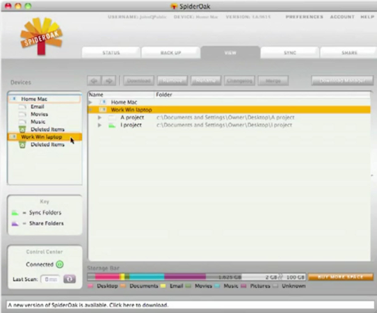 SpiderOak screenshot: Online File Storage