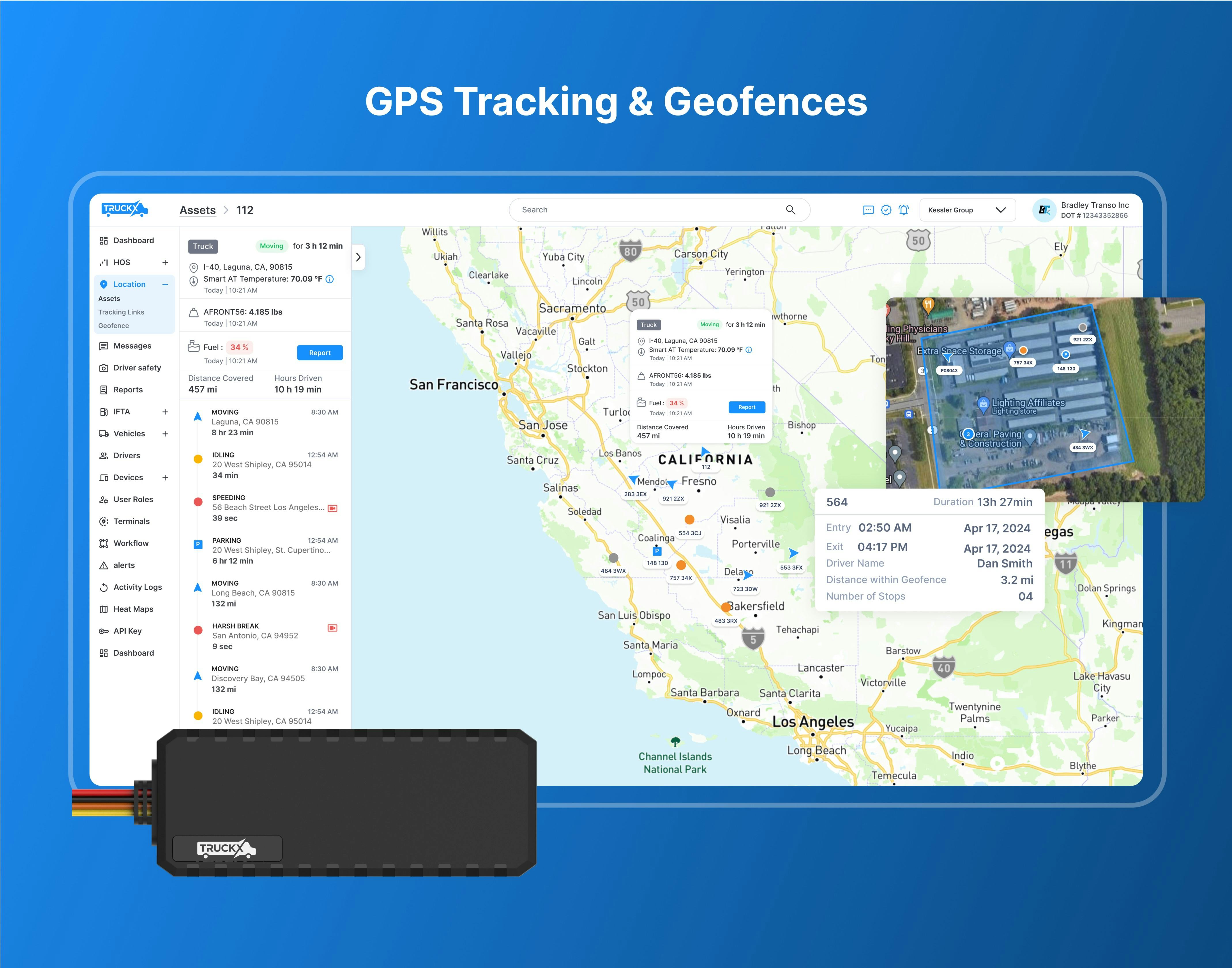 TruckX Software - New ELD One Hardware device has a 4G SIM Card for uninterrupted GPS tracking independent of the Driver Logbook App. Easily set virtual yard lines (geofences) for key Shipper, Receiver, Yard, and Terminal locations.