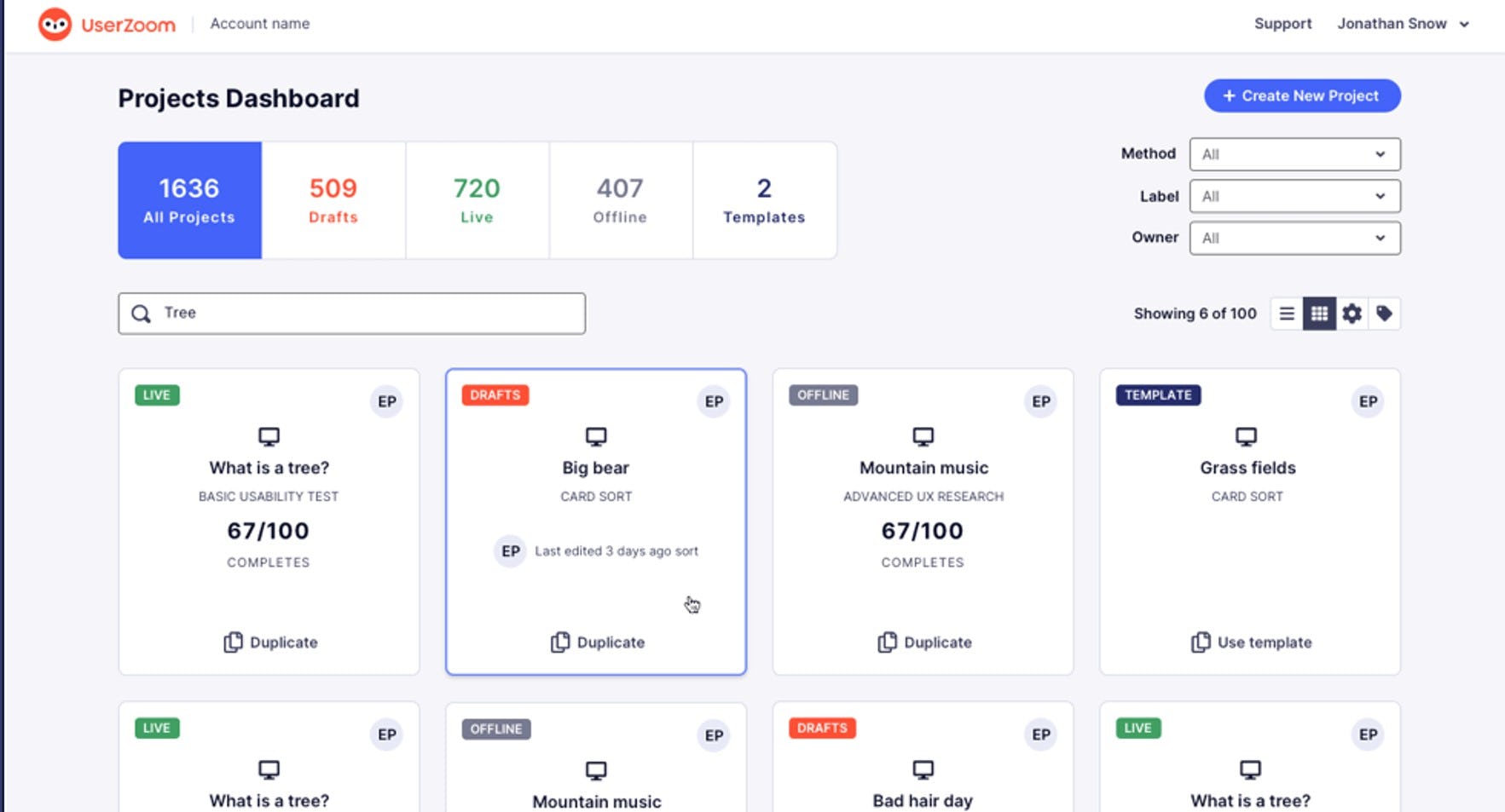 UserZoom GO Software - UserZoom GO project dashboard