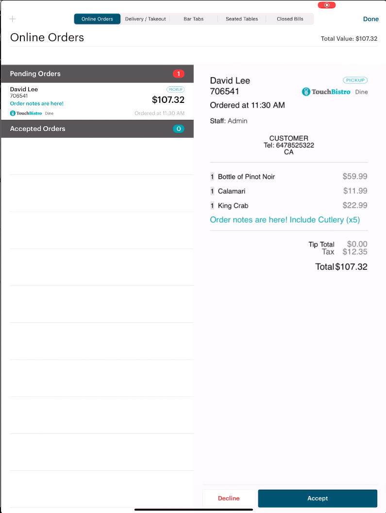 TouchBistro Online Order Screen
