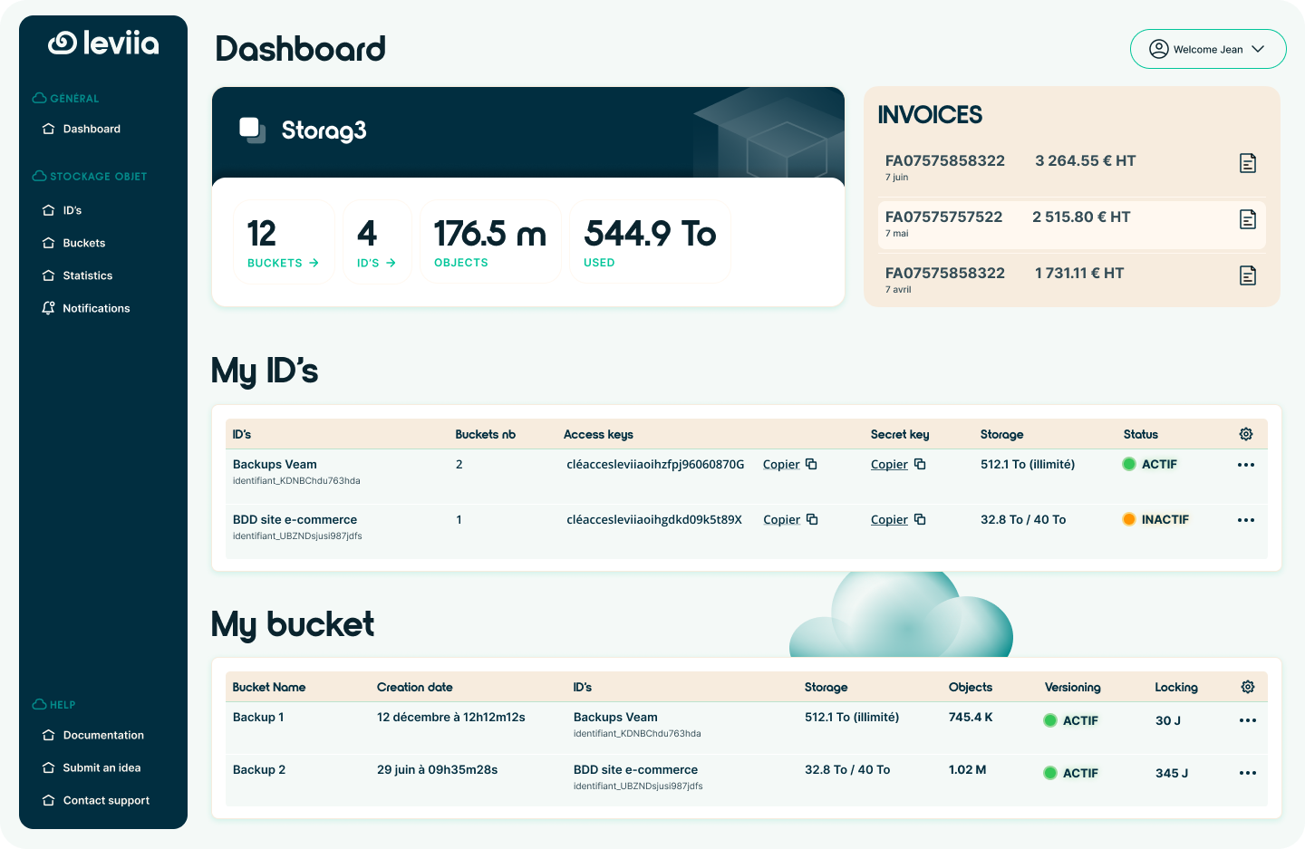 Leviia Storag3 screenshot: Leviia Storag3 - Dashboard