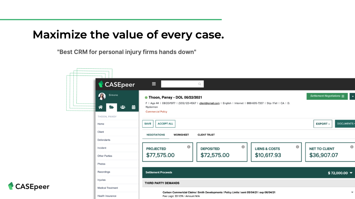 CASEpeer is the only software driving better outcomes for your clients, and better outcomes for your firm.