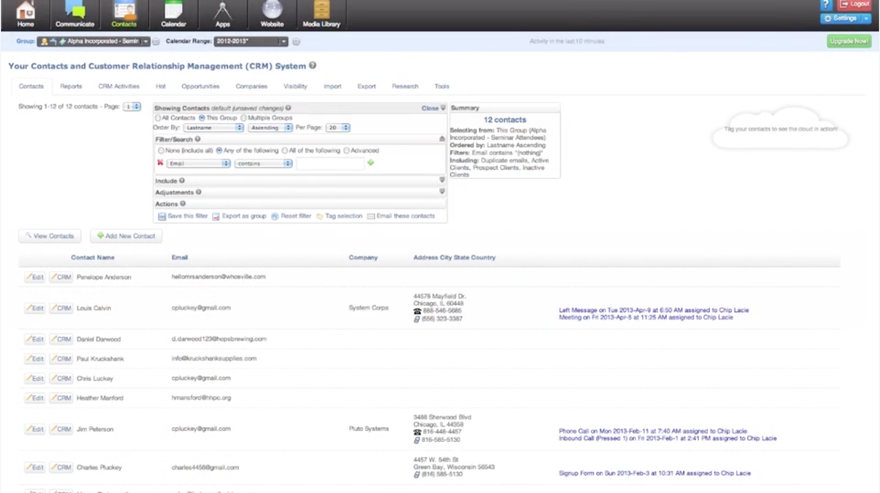 FunnelMaker screenshot: Gain centralized access to contact information, including contact name, email, company and address