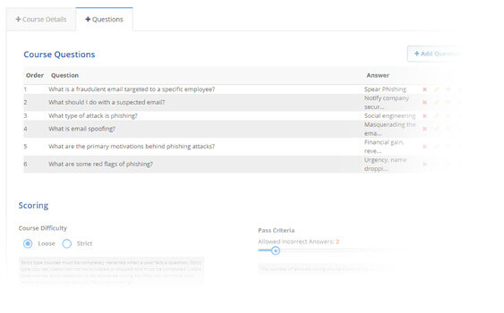 PhishingBox screenshot: PhishingBox course questions