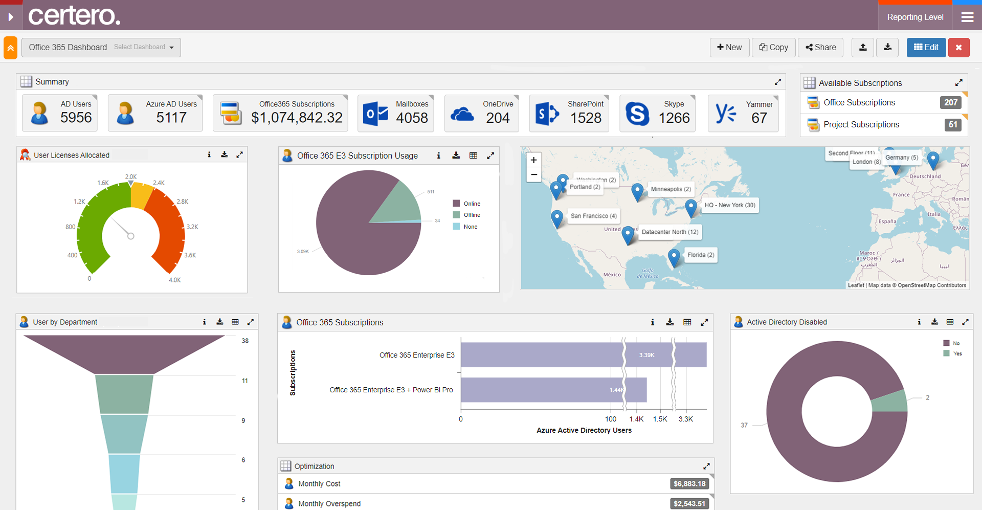 Certero for SaaS Software - O365 usage, cost & potential for optimization dashboard. Easily customize & share dashboards, with near-infinite reporting options and the ability to drill-down into underlying data, so evidence is never far away from the reports, maintained in real-time.