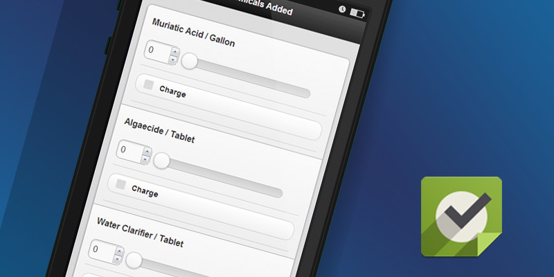 PoolCarePRO screenshot: An example of the chemicals added screen within the mobile app, showing slider controls for recording the chemicals added per gallon or tablets