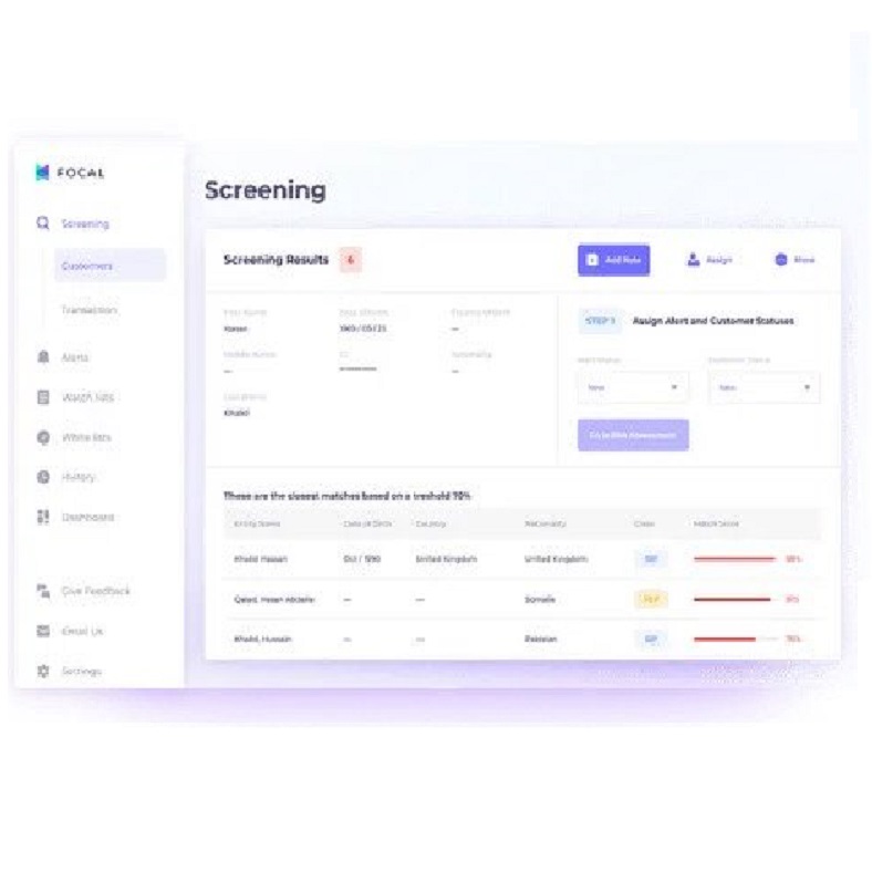 Focal screenshot: Keep your customers profiles up to date in real time, through ongoing AML screening.