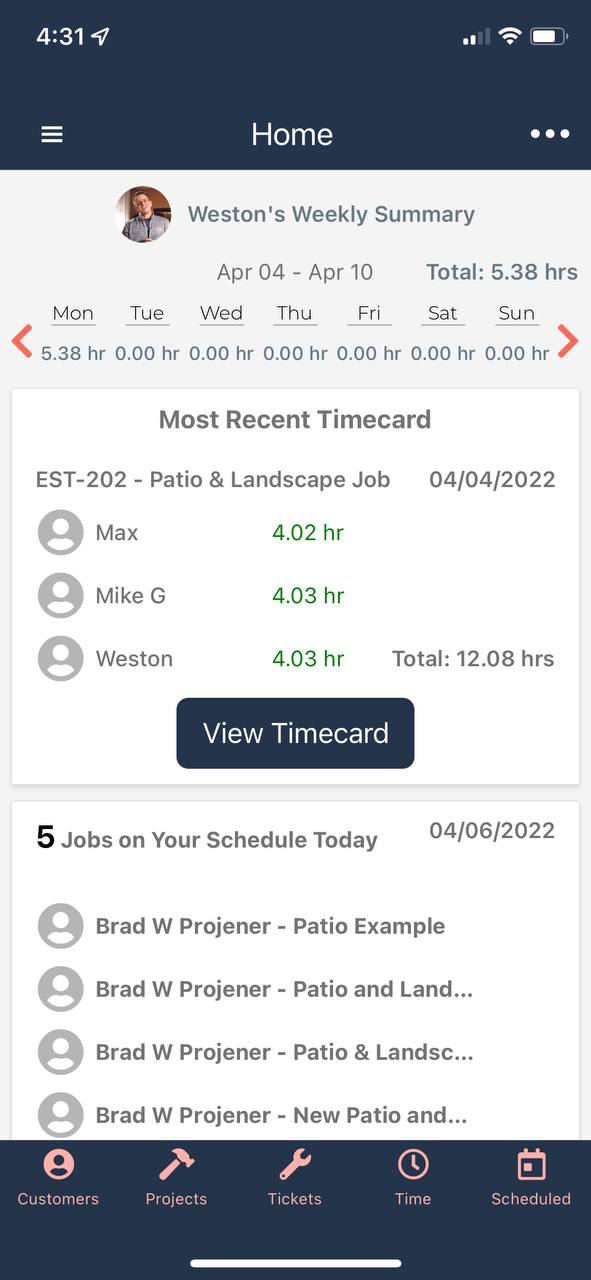 Home screen of the mobile app shows your total weekly hours, your most recent timecard, and all the jobs on your schedule