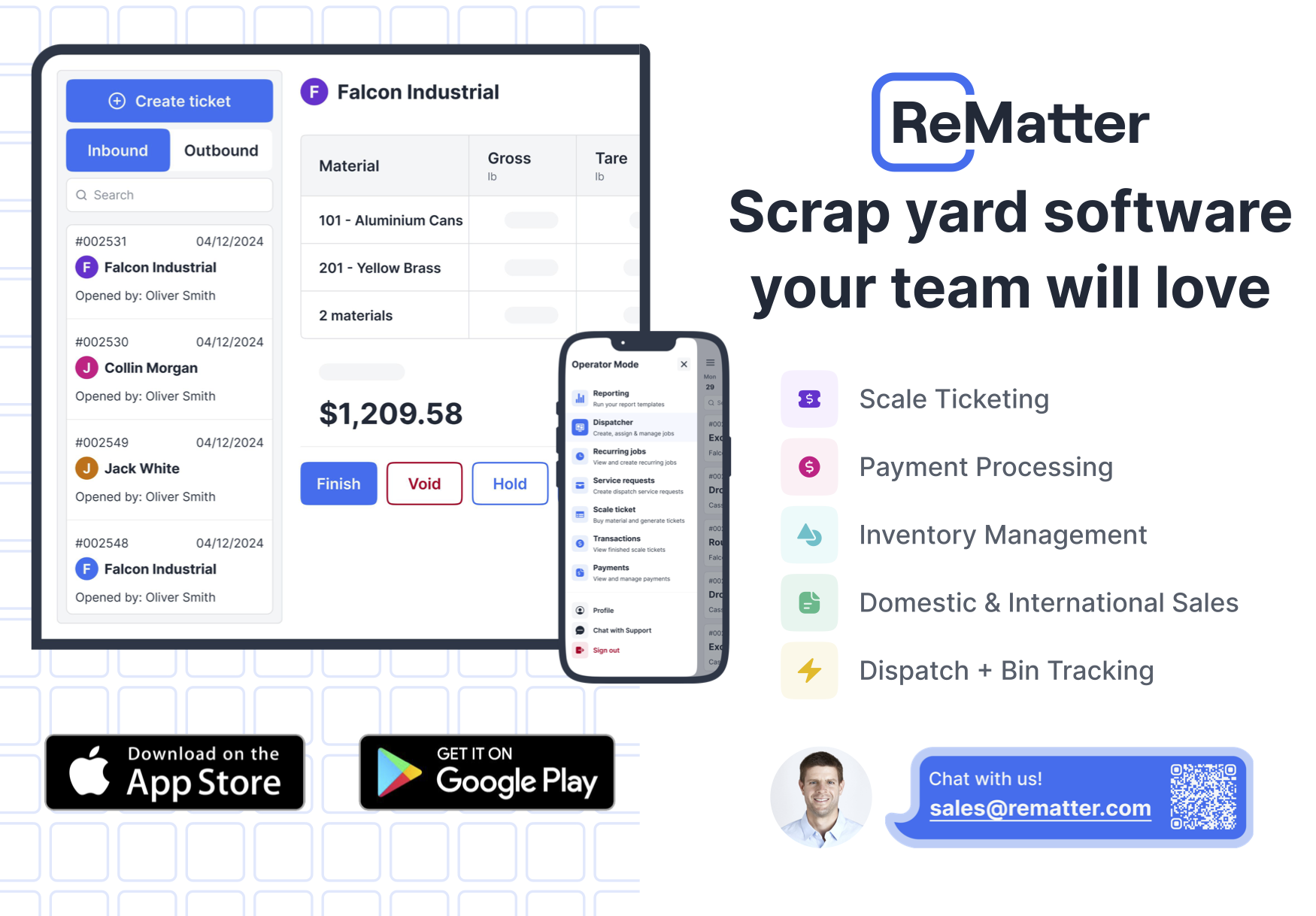 ReMatter Software - ReMatter is the #1 scrap yard management platform built for metal recyclers. Scale Ticketing, Inventory Management, Payments, Sales, Dispatching, Bin Tracking, Compliance, Reporting and more. Available on web and mobile, accessible anywhere you go.