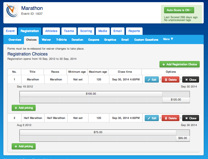 ChronoTrack Software - ChronoTrack showing registration choices tab