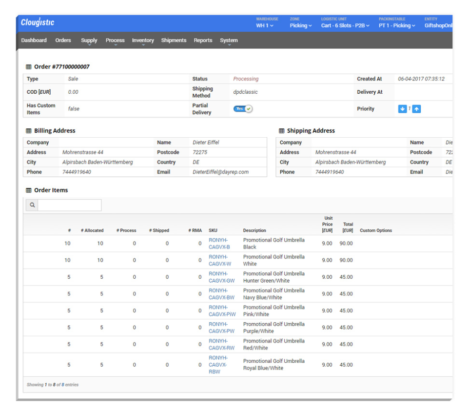Clougistic Software - Order details showing order number, status, billing address, shipping address and the multiple items ordered