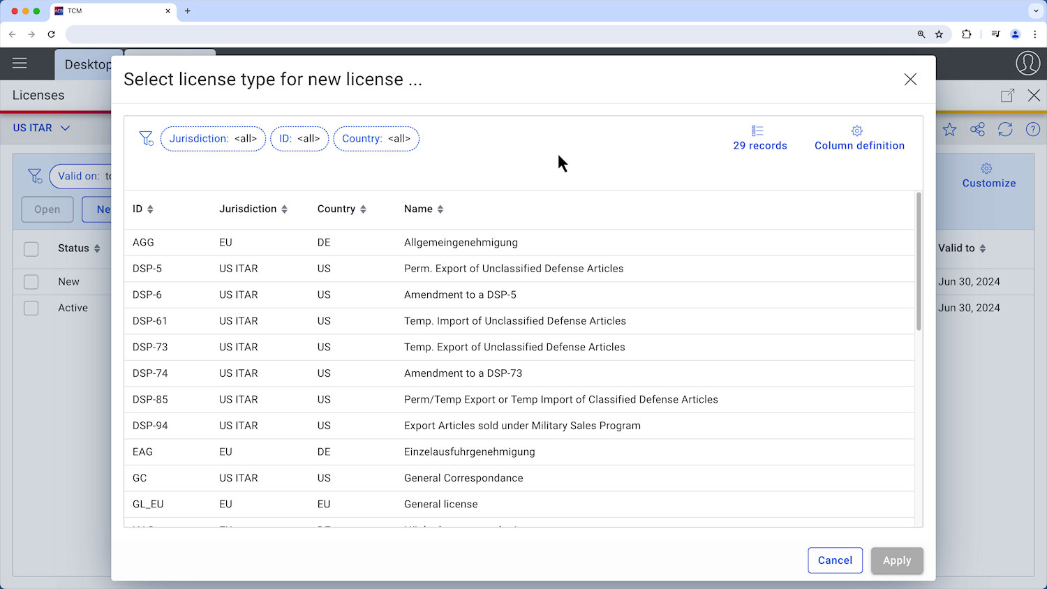 AEB License Management screenshot: Comprehensive options are available to create all the types of export licenses that you need. 