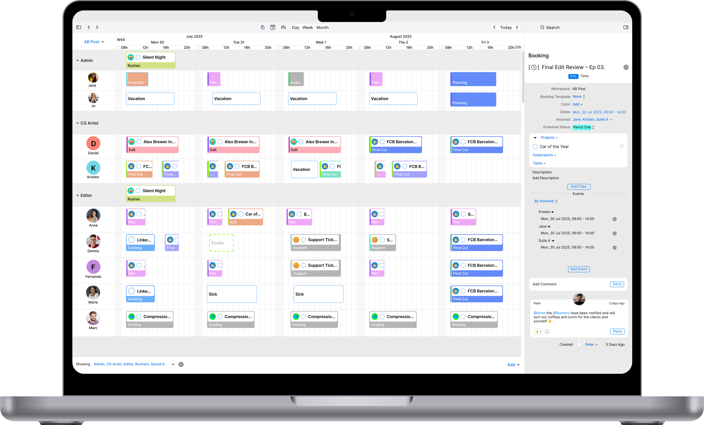 Cirkus screenshot: Get a clear, visual overview of your team’s bookings and availability—comment, coordinate, and keep production moving in real time.
