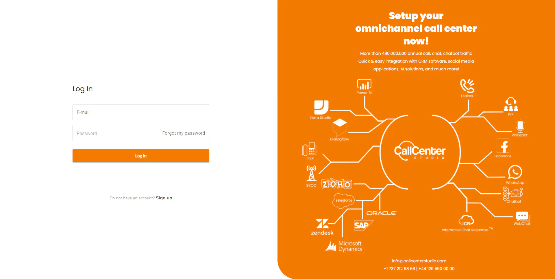 This is the login screen of Call Center Studio, accessed by user's credentials, allowing for role-based interfaces.