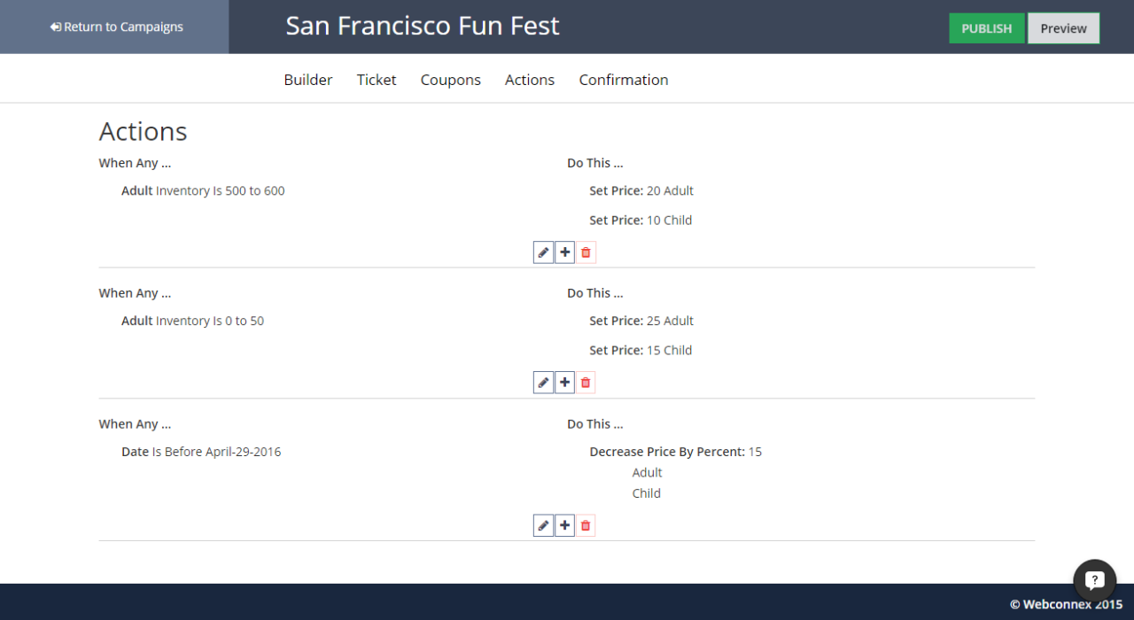 TicketSpice's actions give users control over ticket price and availability based on inventory, dates and more
