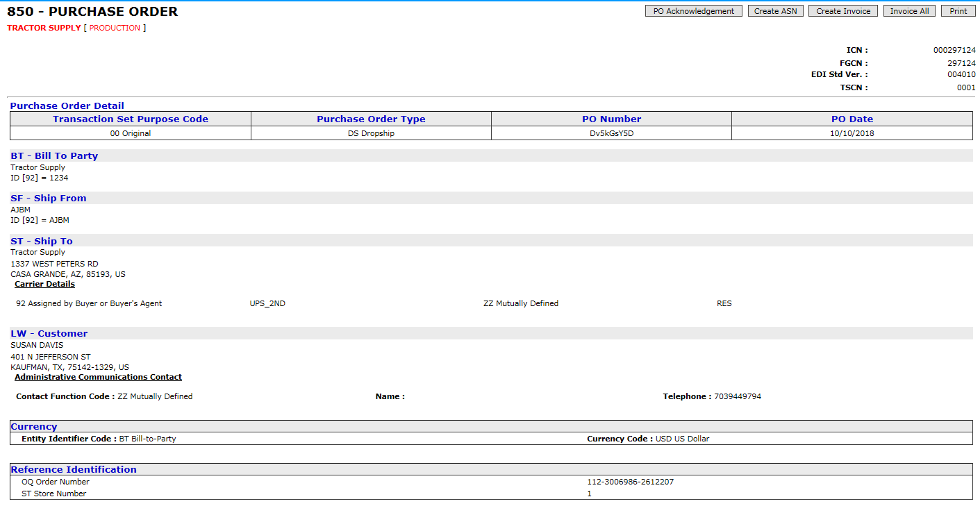 Infocon Systems WebEDI screenshot: WebEDI purchase order