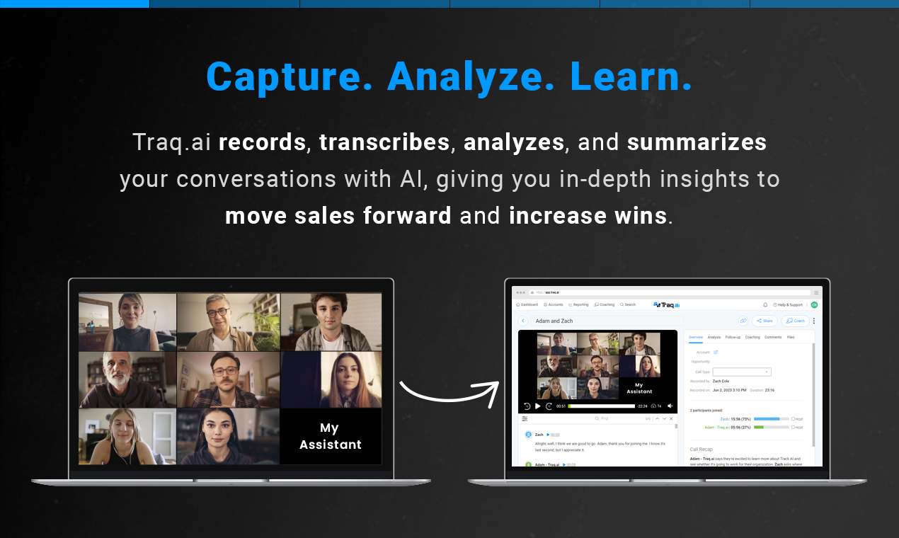Capture. Analyze. Learn. Traq.ai records, transcribes, analyzes, and summarizes your conversations with AI, giving you in-depth insights to move sales forward and increase wins.