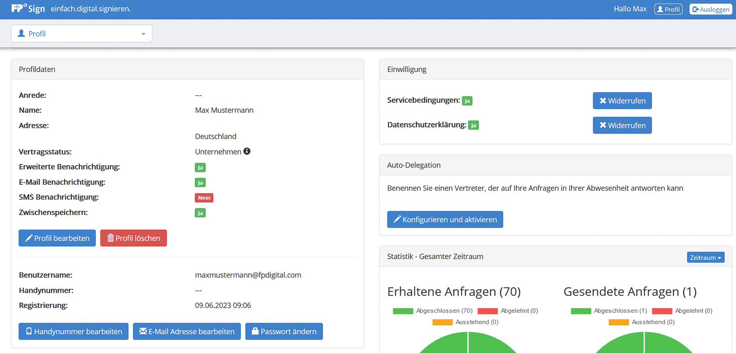 FP Sign screenshot: FP Sign dashboard