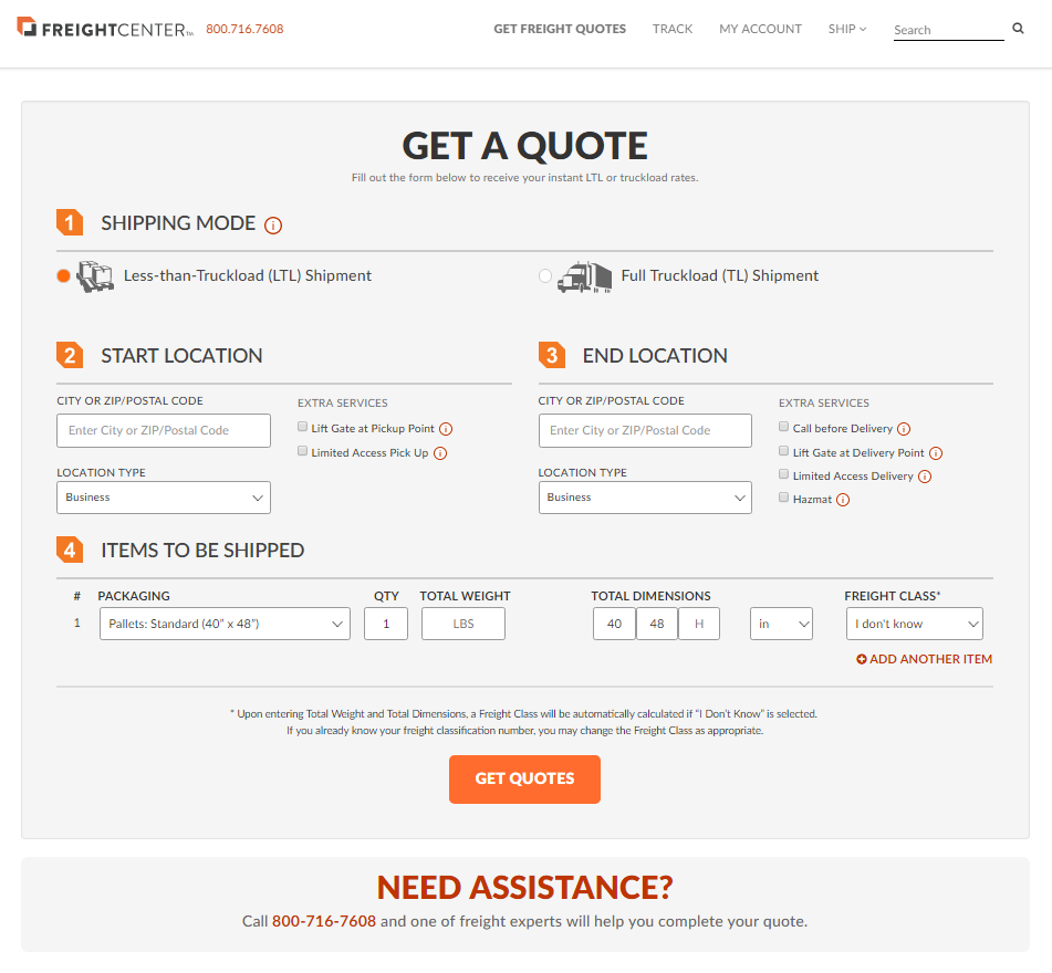 FreightCenter API screenshot: Complete shipment details in order to obtain a quote