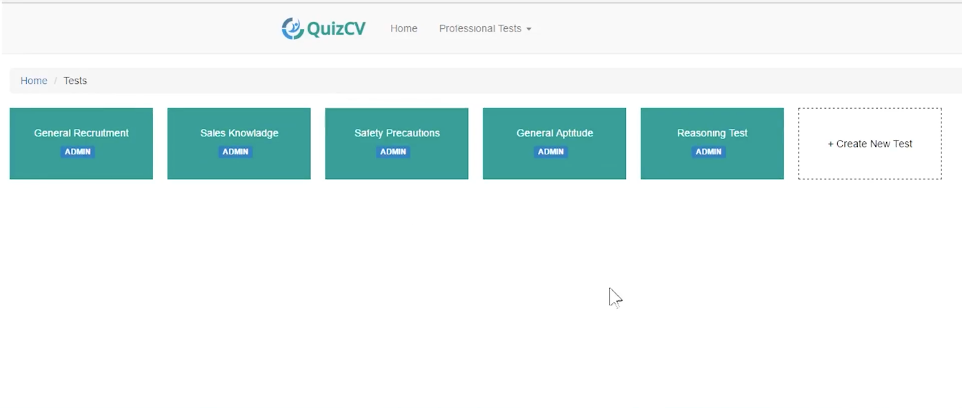 QuizCV screenshot: Create new test