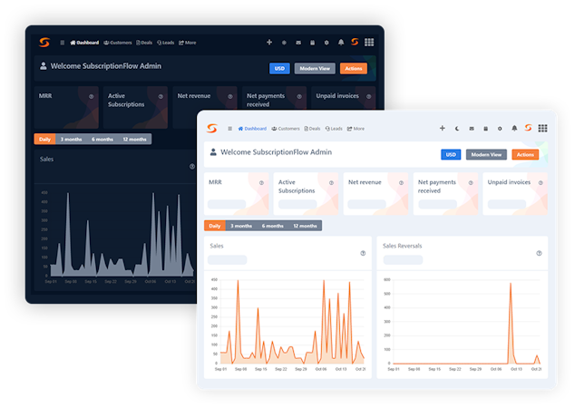 SubscriptionFlow screenshot: SubscriptionFlow offers intuitive dashboard in light and dark themes that helps merchants to track business health in real-time. With Subscription Analytics, learn more about your subscription business and subscribers.