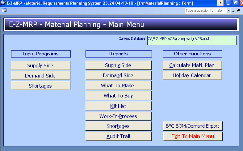 Material Planning Main Menu