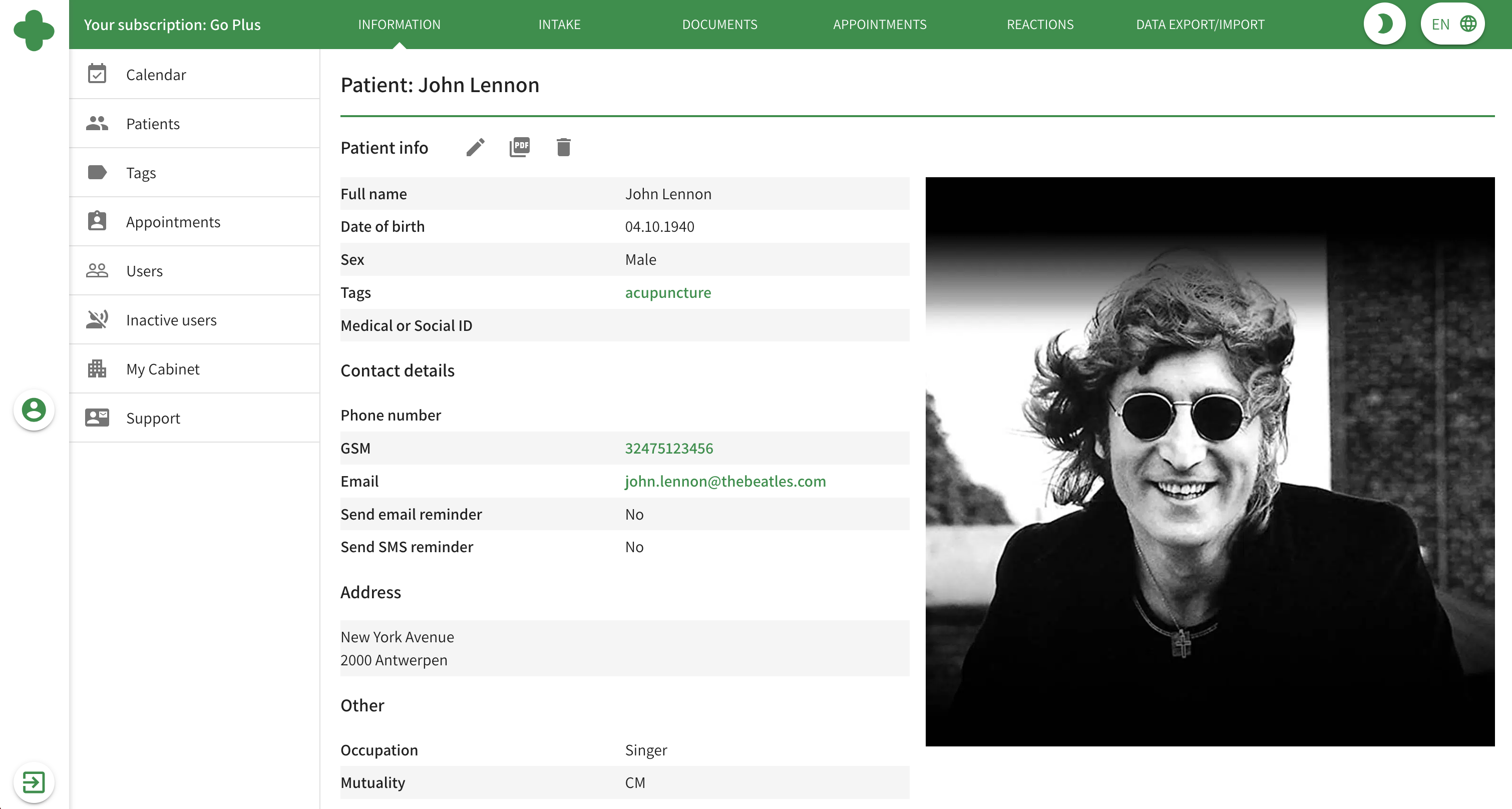 Medicora screenshot: Medicora patient information