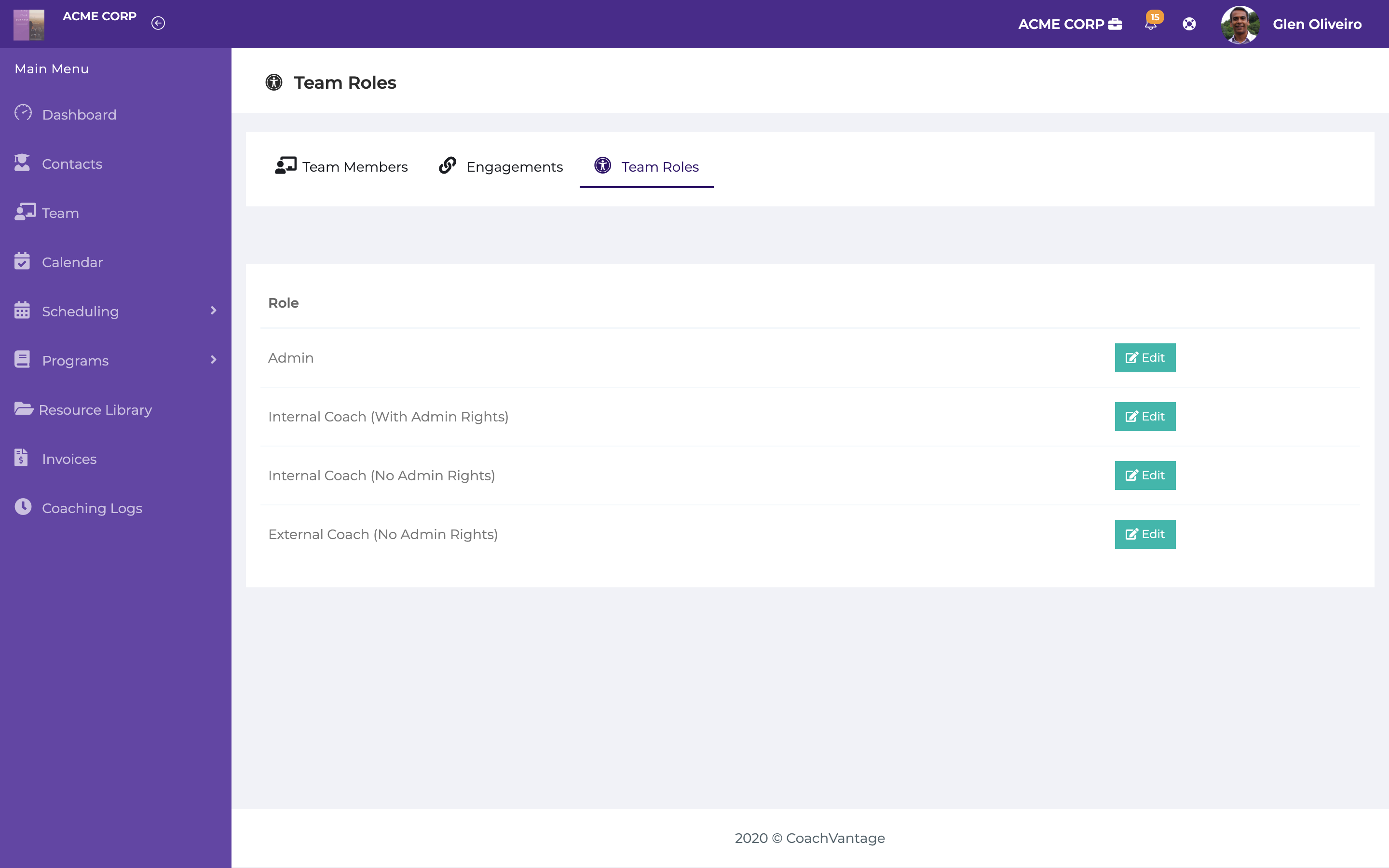 Manage your coaching team. Assign team roles and permissions for each role type.