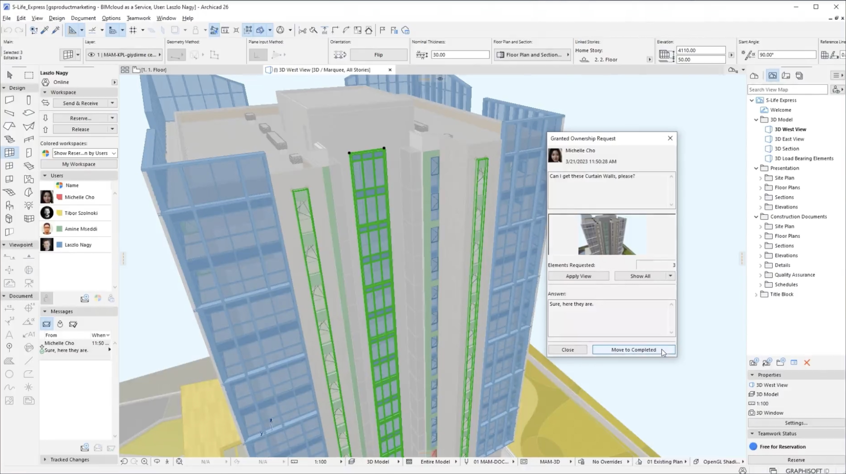 Archicad Interface with Teamwork Palette and Teamwork Messaging Panel