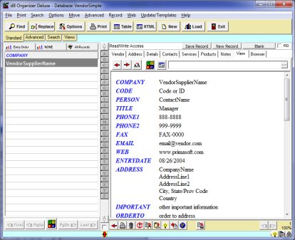 Vendor Organizer Deluxe database view