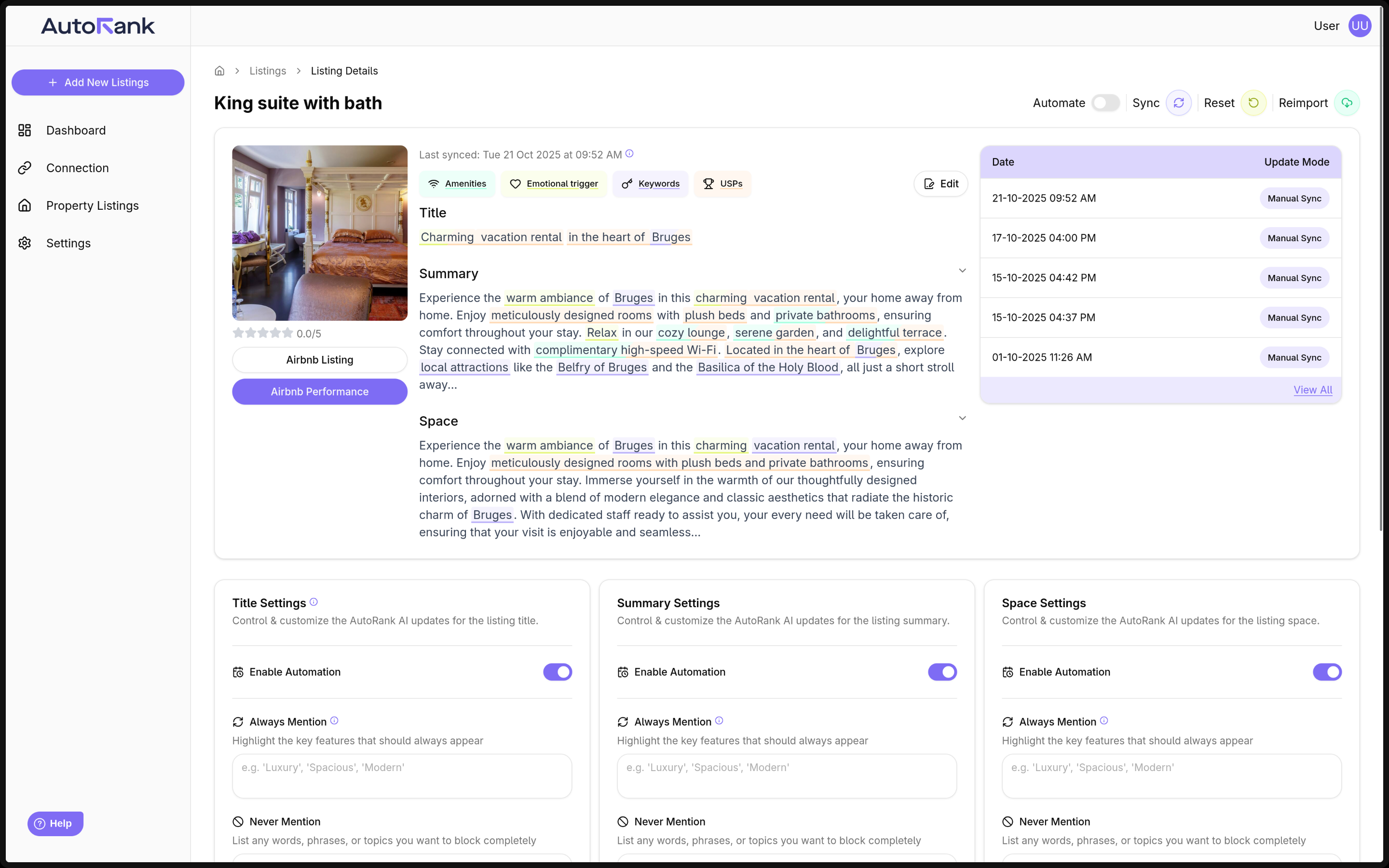 AutoRank screenshot: Listing details + optimization dashboard