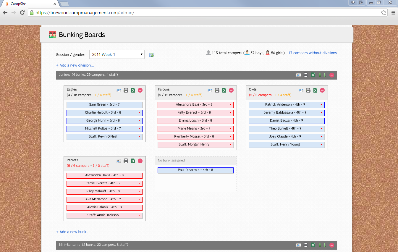 CampSite Software - CampSite's bunking board allows users to drag-and-drop campers and staff into groups for each session.