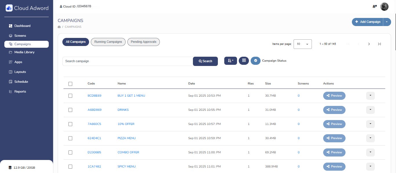 Cloud AdWord Software - Cloud Adword campaigns page