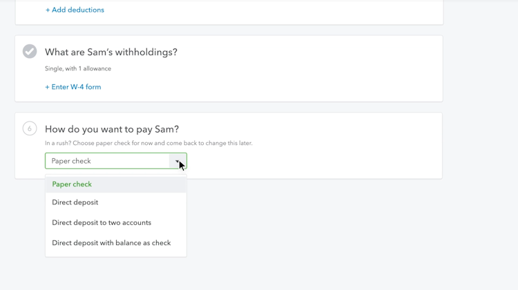 QuickBooks Payroll screenshot: Multiple payment options are supported by QuickBooks Payroll