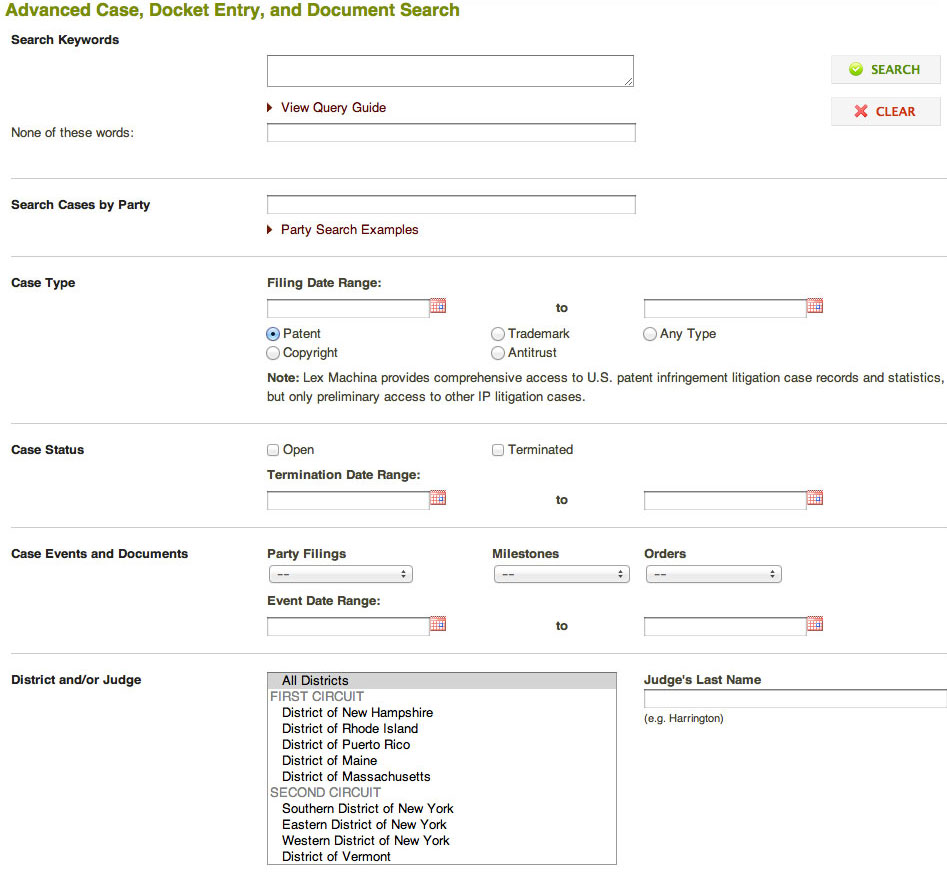 Lex Machina search functionality