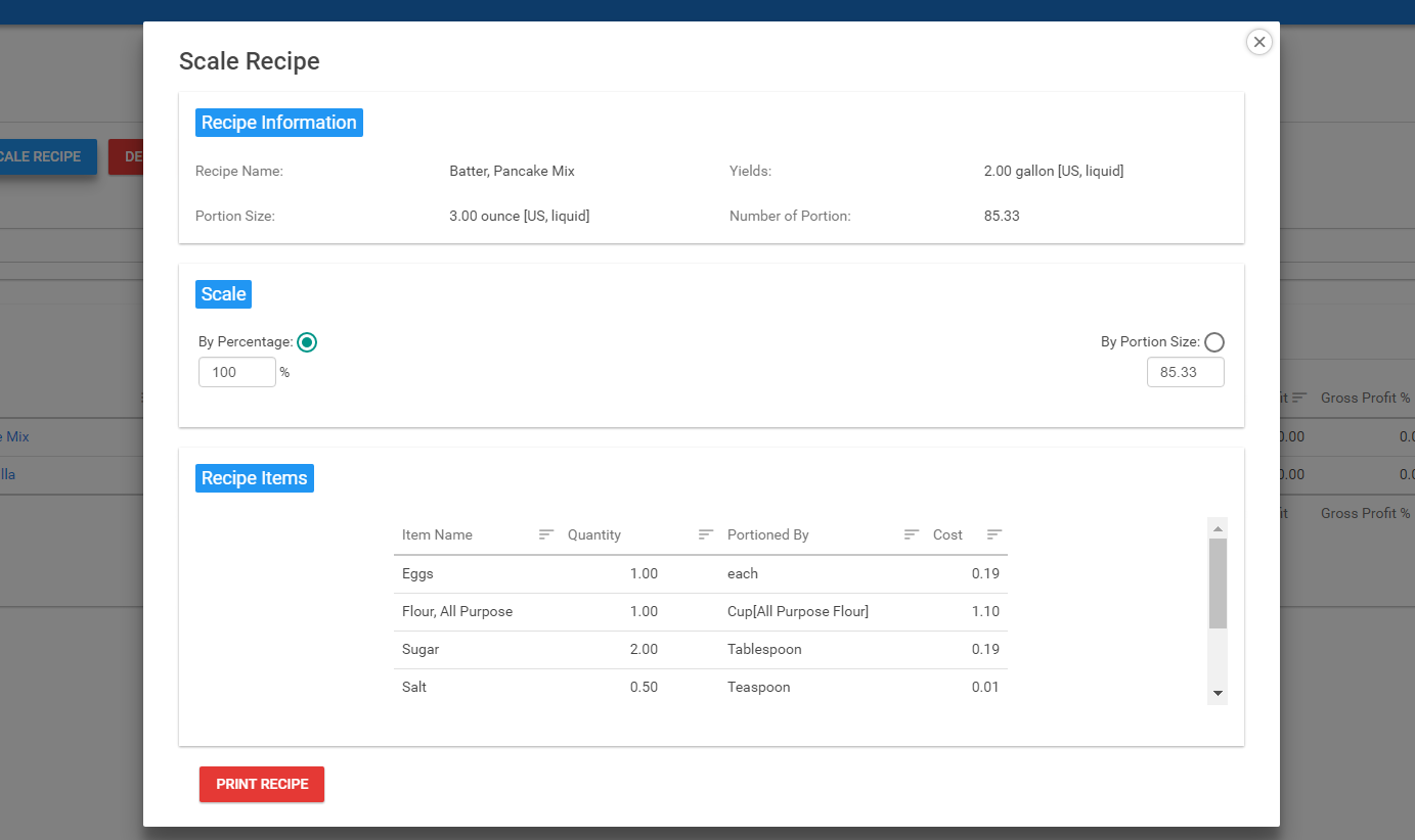 Recipe Costing Software - Recipes can be scaled up or down as required