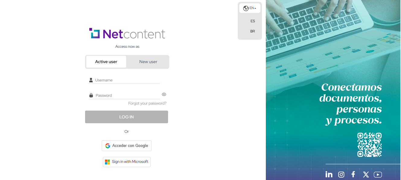 Netcontent screenshot: Modern login screen of Netcontent platform, featuring options for active or new users, username and password fields, multi-language support, and quick access with Google or Microsoft accounts. On the right side, a corporate banner highlights the message ‘